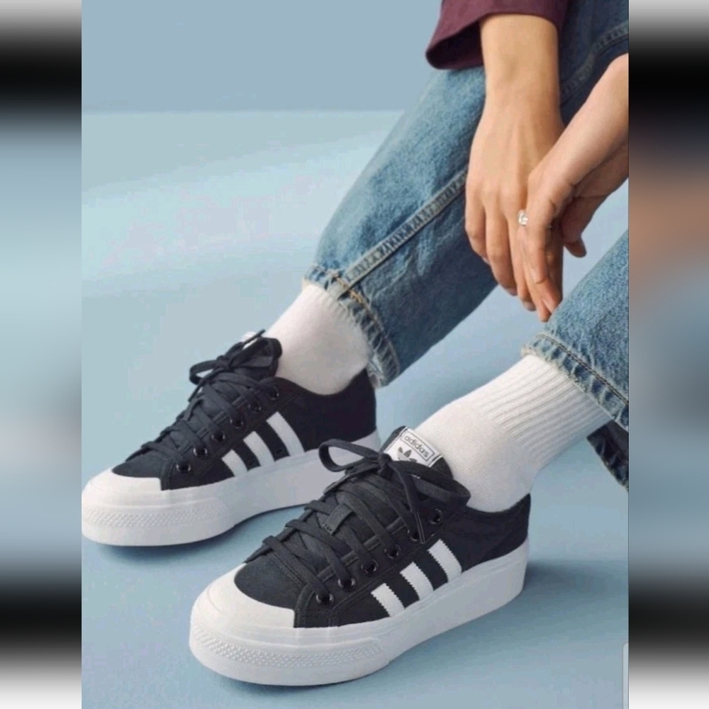 Adidas Womens Black And White Canvas Nizza Platform Trendy Streetwear Shoes 8